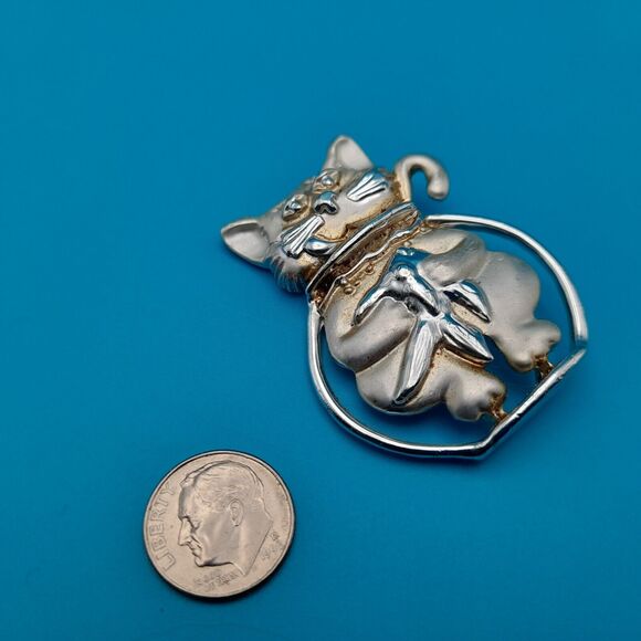 AJC Kitty Cat Fish Bowl Silver Tone Pin Brooch Vintage Signed - Picture 9 of 11